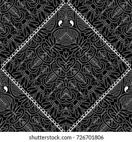 Paisley lace seamless pattern. Isolated abstract floral background. Vector paisley flowers wallpaper. Hand drawn elegance line art tracery ornaments with geometric shapes, rhombus. Flowery design. 