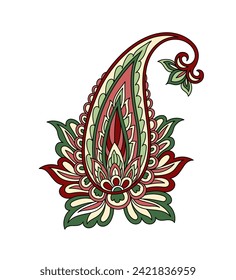 Paisley leaf linear. Graphic element for website. Beauty and elegance. Red and green flower. Traditional ornament. Old style creativity. Outline flat vector illustration isolated on white background