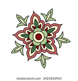 Paisley leaf linear. Pattern and ornament. Aesthetics and elegance. Red and green flower. Traditional ornament. Template and layout. Outline flat vector illustration isolated on white background