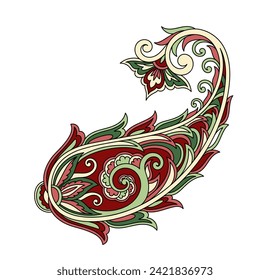 Paisley leaf linear. Pattern and ornament. Aesthetics and elegance. Red and green flower. Traditional ornament. Social media sticker. Outline flat vector illustration isolated on white background