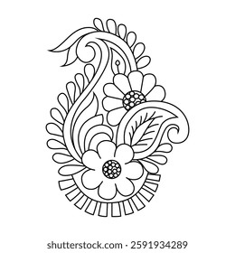 A paisley line art inspired floral design featuring intricate leaves, flowers, and ornamental patterns. Perfect for coloring pages, textile prints, henna, tattoo designs, or artistic decorations.