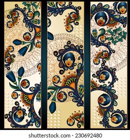 Paisley and mandala batik background. Set of three abstract ethnic african hand drawn vector cards.  Series of image Template frame design for card.