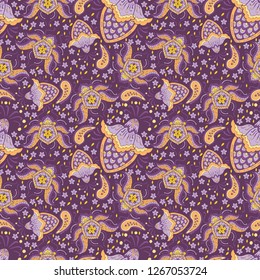 Paisley mandala flower abstract pattern seamless vector background with purple and yellow tone