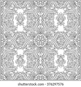 Paisley and mandala pattern in frame. Square coloring page. Relaxation Coloring book for adult and older children. Outline drawing. Vector illustration.