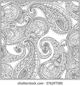 Paisley and mandala pattern in frame. Square coloring page. Relaxation Coloring book for adult and older children. Outline drawing. Vector illustration.