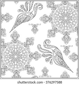 Paisley and mandala pattern in frame. Square coloring page. Relaxation Coloring book for adult and older children. Outline drawing. Vector illustration.