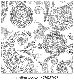 Paisley and mandala pattern in frame. Square coloring page. Relaxation Coloring book for adult and older children. Outline drawing. Vector illustration.