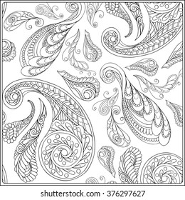 Paisley and mandala pattern in frame. Square coloring page. Relaxation Coloring book for adult and older children. Outline drawing. Vector illustration.