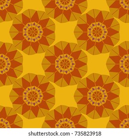 Paisley and Mandalas. Indian floral backdrop. Orange, brown and yellow wallpaper. Vector seamless pattern.