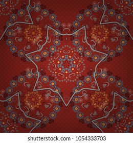 Paisley and Mandalas. Vector seamless pattern. Indian floral backdrop. Brown, red and gray wallpaper.