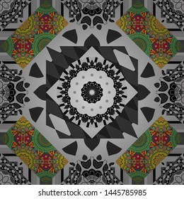Paisley and Mandalas. Vector seamless pattern. Indian floral backdrop. Gray, green and blue wallpaper.