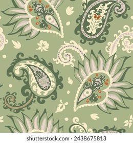 Paisley with meadow flowers and foliage decoration, floral ornament. Motif with flora and leaves, curved twigs and branches. Seamless pattern, wallpaper print or background. Vector in flat style