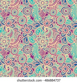 Paisley mehndi seamless colorful pattern. Vector illustration