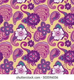 Paisley mehndi seamless colorful pattern. Vector illustration