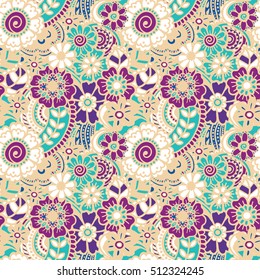 Paisley mehndi seamless colorful pattern. Vector illustration