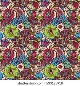 Paisley mehndi seamless colorful pattern. Vector illustration.
