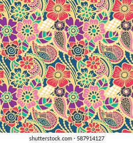 Paisley mehndi seamless colorful pattern. Vector illustration