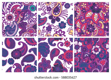 Paisley mehndi seamless colorful patterns collection. Set of patterns. Vector illustration