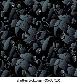 Paisley modern seamless pattern. Black background wallpaper illustration with vintage dark  3d flowers leaves and abstract oriental ornaments. Vector texture for fabric textile prints.