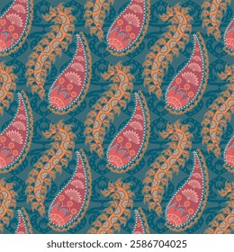 Paisley motif and flower print design India detailed petal seamless pattern ethnic floral textile design.