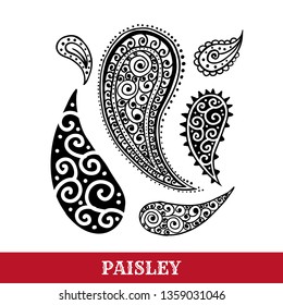 Paisley motif hand drawn isolated vector tattoo illustration. Buta ink pen isolated clipart. Persian ornate sketch drawing. Monochrome boteh curl. Greeting card, textile ornamental design element