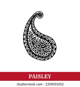 Paisley motif hand drawn isolated vector tattoo illustration. Buta ink pen isolated clipart. Persian ornate sketch drawing. Monochrome boteh curl. Greeting card, textile ornamental design element