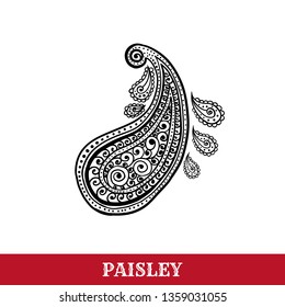 Paisley motif hand drawn isolated vector tattoo illustration. Buta ink pen isolated clipart. Persian ornate sketch drawing. Monochrome boteh curl. Greeting card, textile ornamental design element