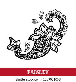 Paisley motif hand drawn isolated vector tattoo illustration. Buta ink pen isolated clipart. Persian ornate sketch drawing. Monochrome boteh curl. Greeting card, textile ornamental design element