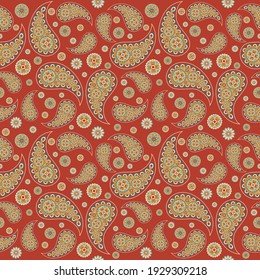 Paisley motif on red background seamless pattern