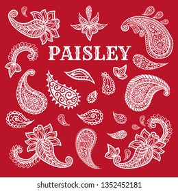 Paisley motifs hand drawn illustrations set. Buta ink pen isolated cliparts. Persian ornate sketch drawings. Monochrome boteh curls collection. Greeting card, textile ornamental design elements