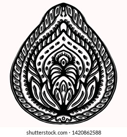 Paisley nature folk art graphic design element. Hand drawn nordic linocut block print motif. Black folkloric clip art paper cutout. Bohemian indian style. Stylized leaf tattoo. Line flourish outline