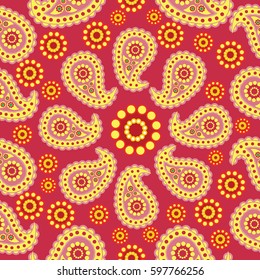 Paisley on a red background. Seamless pattern. Traditional folk pattern with Paisley. Bright, colorful. Design for textiles, wall hangings, wrapping paper.