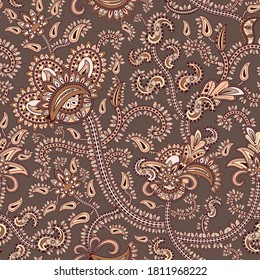 Paisley oriental ornamental pattern. Vector seamless decorative background with floral and geometric ornament. Stylized ethnic flower and leaves.