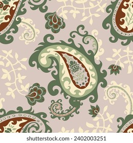 Paisley ornament with leaves and flowers in blossom. Blooming floral motif for fabric texture or home decor items or interior. Seamless pattern, wallpaper or background print. Vector in flat style
