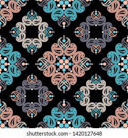Paisley ornament. Polka dot. Ethnic boho seamless pattern. Ikat. Traditional ornament. Folk motif. Can be used for wallpaper, textile, invitation card, wrapping, web page background.
