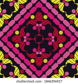Paisley ornament. Seamless background. Design with manual hatching. Ikat. Vector illustration for web design or print.