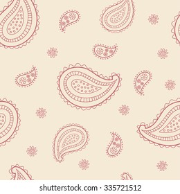 Paisley ornament seamless pattern. Simple vector hand drawn illustration. Beige background and dark red contours. Big paisley, small ones and little flowers. 