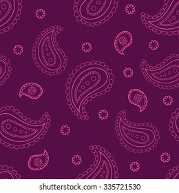 Paisley ornament seamless pattern. Simple vector hand drawn illustration. Purple background and pink contours. Big paisley, small ones and little flowers. 