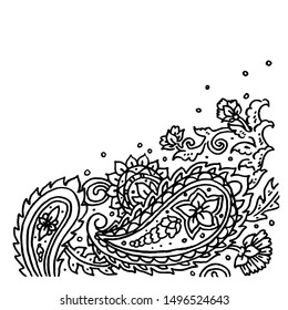 Paisley ornament vector isolated on white background, hand drawn grunge ornament lace in kalamkari style, turkish or indian art with copy space for cards