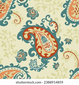 Paisley ornamental motif with leaves and flowers in blossom. Blooming flora and botany design. Floral ornament for home decor. Seamless pattern or print, background or wallpaper. Vector in flat style