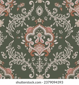 Paisley ornamental motif with leaves and foliage, blooming flora decoration or adornment. Natural branches and curvy twigs. Seamless pattern, wallpaper or background print. Vector in flat style