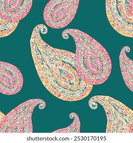 paisley ornaments arranged on a green background. Seamless pattern textile design.