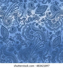Paisley pattern asian style on a dark blue gradient chevron zigzag pattern. Traditional vector floral elements Paisley. Hand drawn vector illustration. 8eps.