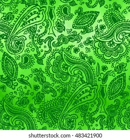 Paisley pattern asian style on a green gradient chevron zigzag pattern. Traditional vector floral elements Paisley. Hand drawn vector illustration. 8eps.