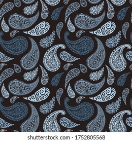 Paisley pattern background, seamless floral textile ornament, vector illustration. Pastel pale blue and black abstract vintage Paisley pattern, flower decoration, floral fabric fashion art design