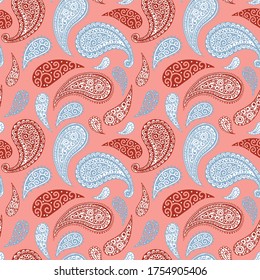 Paisley pattern background, seamless floral ornament, vector simple vintage style design. Abstract vintage Paisley pattern decoration, red, pink, pastel light blue and white pale color background