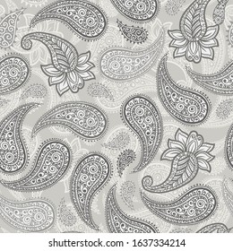 Paisley pattern background, vector seamless floral ornament for textile or wallpaper design. Indian paisley pattern with vintage flower and leaf motif, gray ornate flower, art decoration background