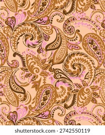 Paisley pattern background, vector seamless floral textile ornament, pale green or sage pastel and beige color. Abstract vintage Paisley pattern with flower decoration, floral fabric art design