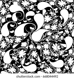 Paisley pattern. Black floral background wallpaper illustration with vintage white  line art tracery paisley flowers and oriental ornaments. Vector  isolated texture for shawl design.