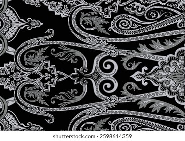 Paisley pattern in black, white and grey, for textile, wallpaper, gift wrapping.